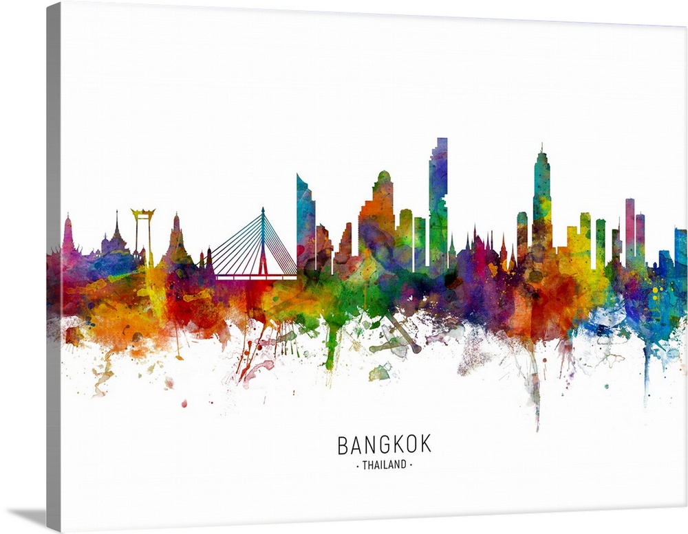 Watercolor art print of the skyline of Bangkok, Thailand.