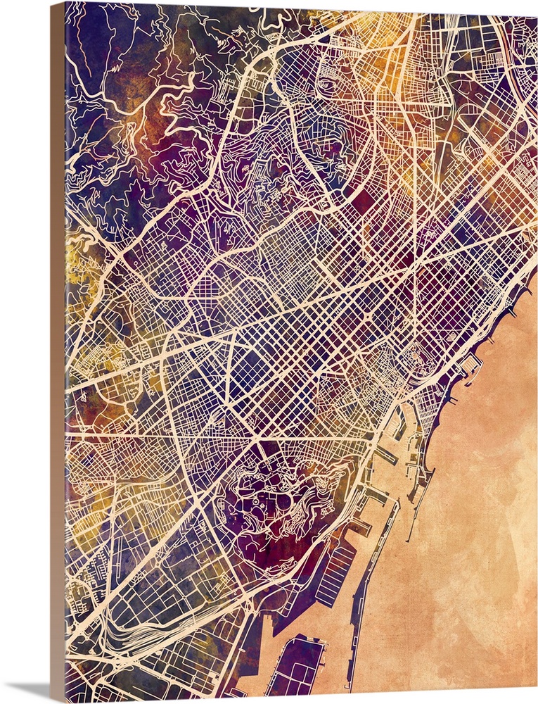 Watercolor street map of Barcelona, Spain.