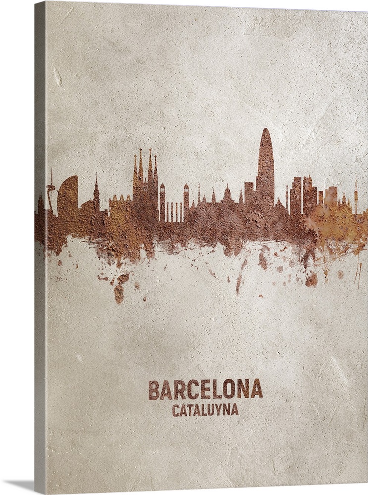 Art print of the skyline of Barcelona, Spain. Rust on concrete.