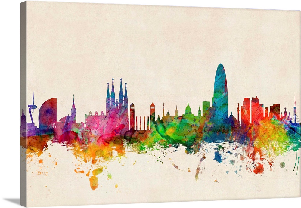 Contemporary piece of artwork of the Barcelona skyline made of colorful paint splashes.