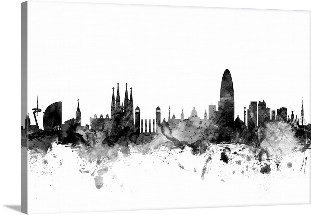 Contemporary artwork of the Barcelona city skyline in black watercolor paint splashes.