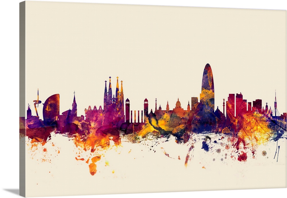 Contemporary artwork of the Barcelona city skyline in watercolor paint splashes.