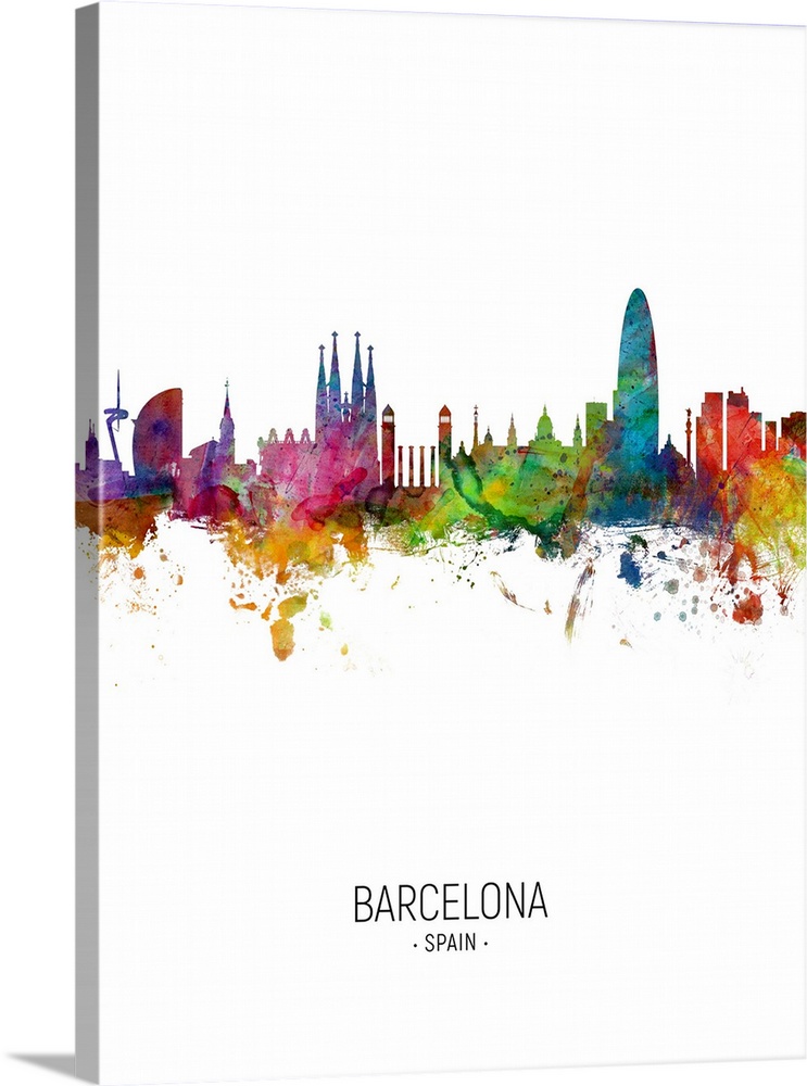 Watercolor art print of the skyline of Barcelona, Spain