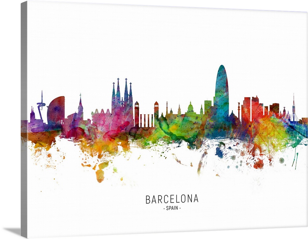 Watercolor art print of the skyline of Barcelona, Spain.