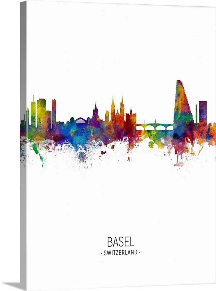 Watercolor art print of the skyline of Basel, Switzerland