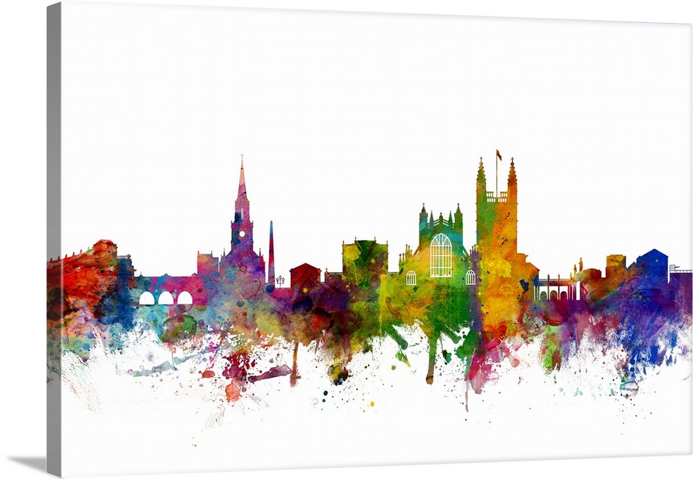 Colorful watercolor splattered silhouetted of the Bath city skyline.