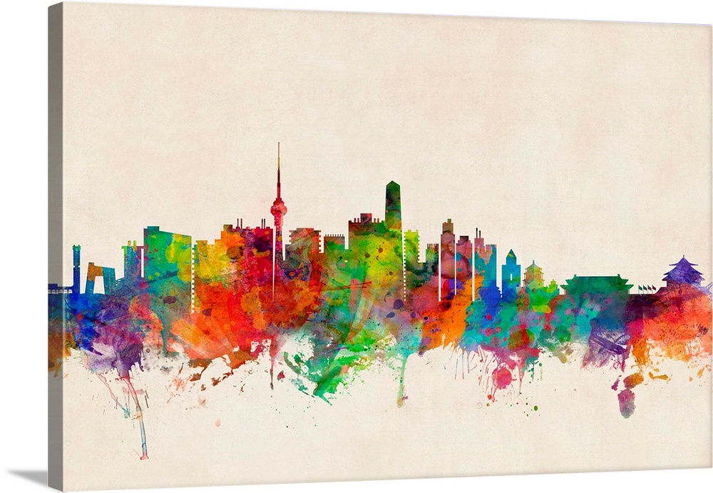 Contemporary piece of artwork of the Beijing skyline made of colorful paint splashes.