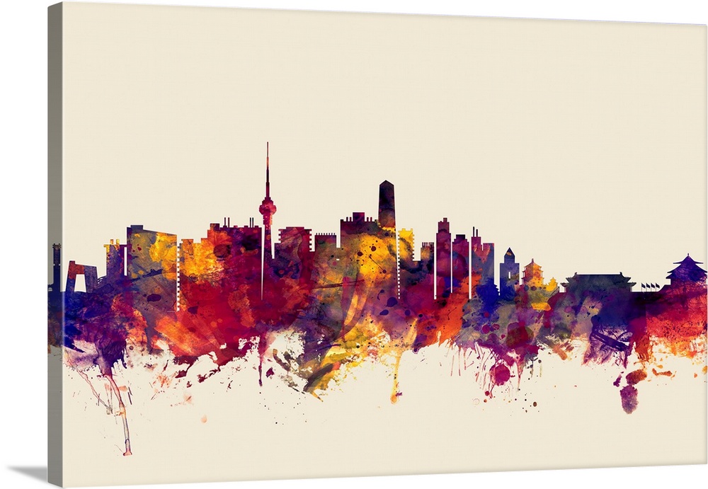 Contemporary artwork of the Beijing city skyline in watercolor paint splashes.