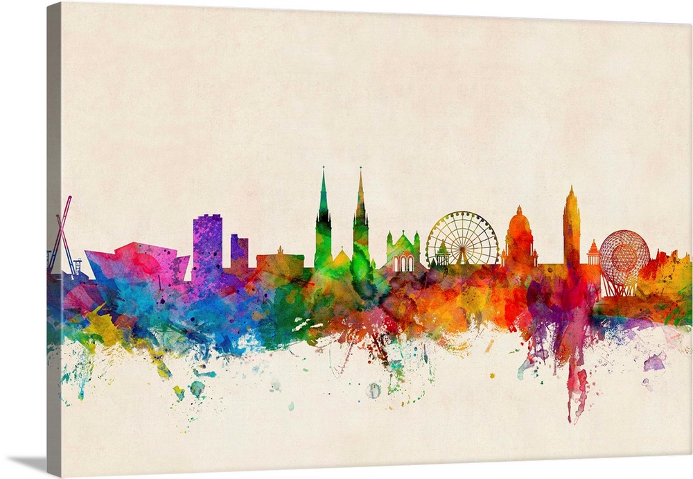 Contemporary piece of artwork of the Belfast, Northern Ireland skyline made of colorful paint splashes.