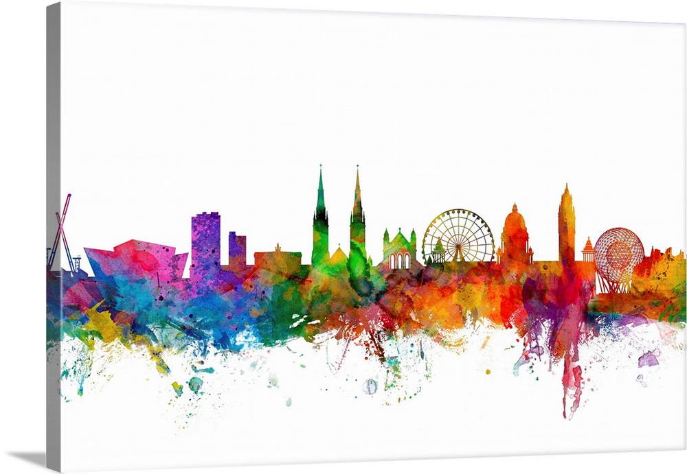 Contemporary piece of artwork of the Belfast, Northern Ireland skyline made of colorful paint splashes.