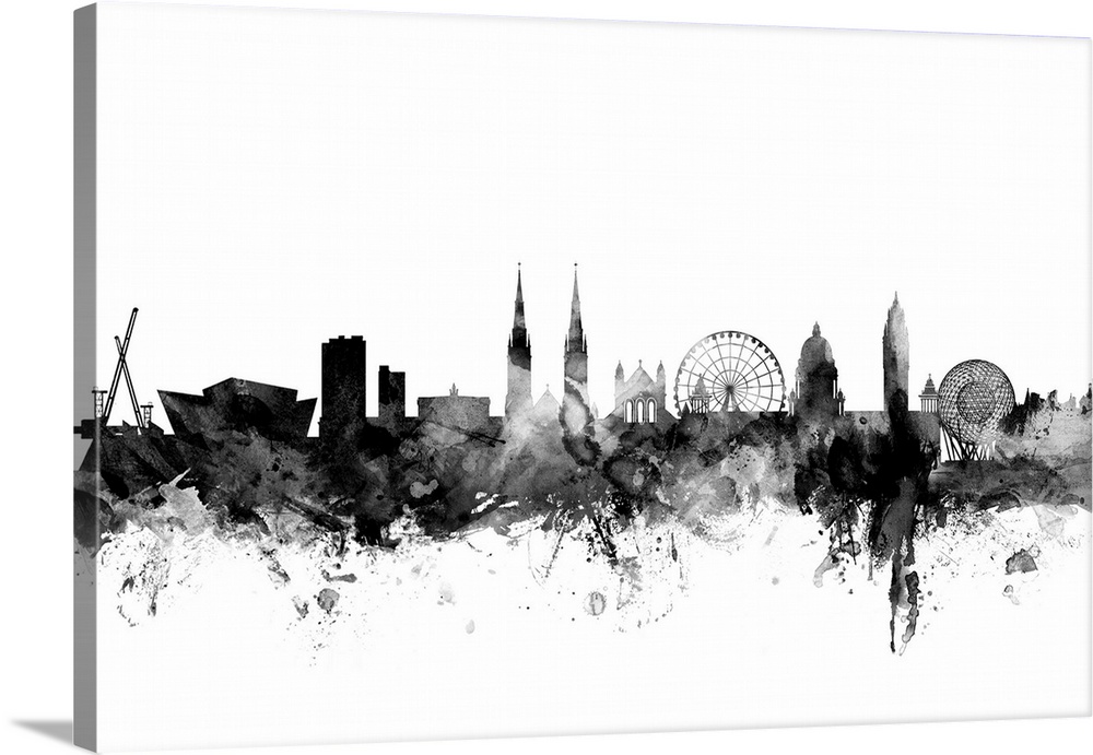 Contemporary artwork of the Belfast city skyline in black watercolor paint splashes.
