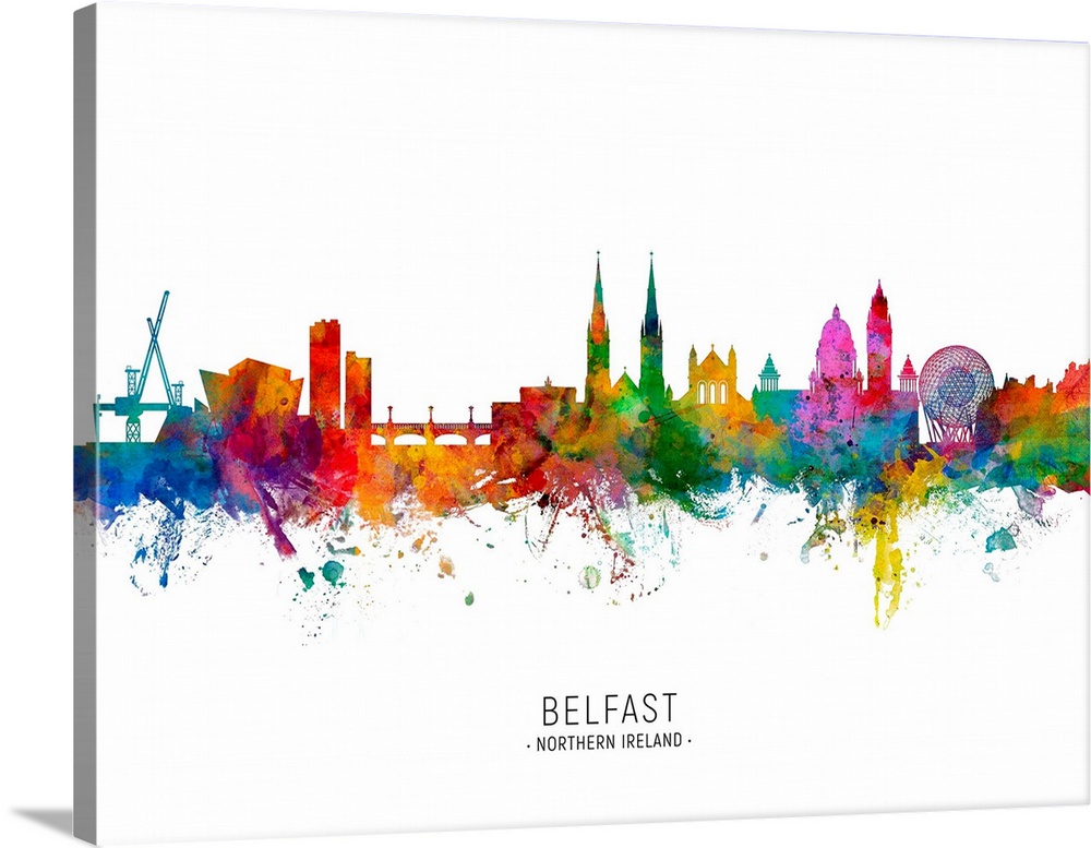 Watercolor art print of the skyline of Belfast, Northern Ireland.