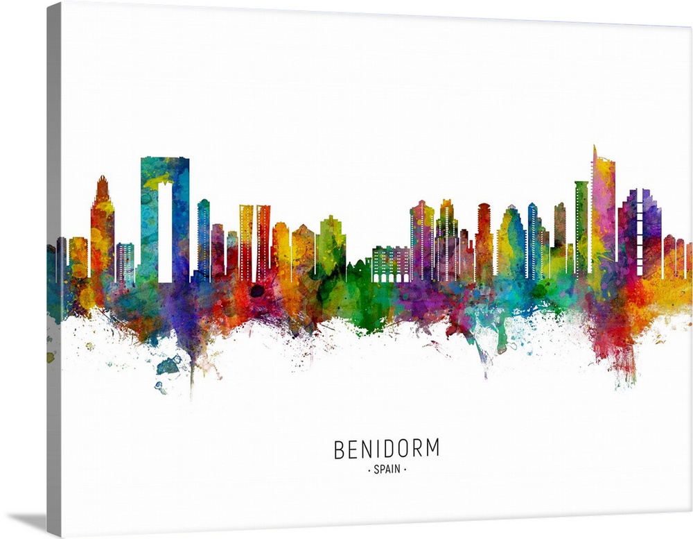 Watercolor art print of the skyline of Benidorm, Spain