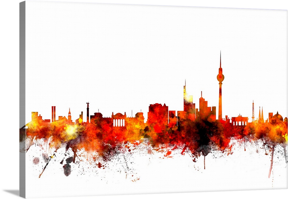 Contemporary piece of artwork of the Berlin skyline made of colorful paint splashes.