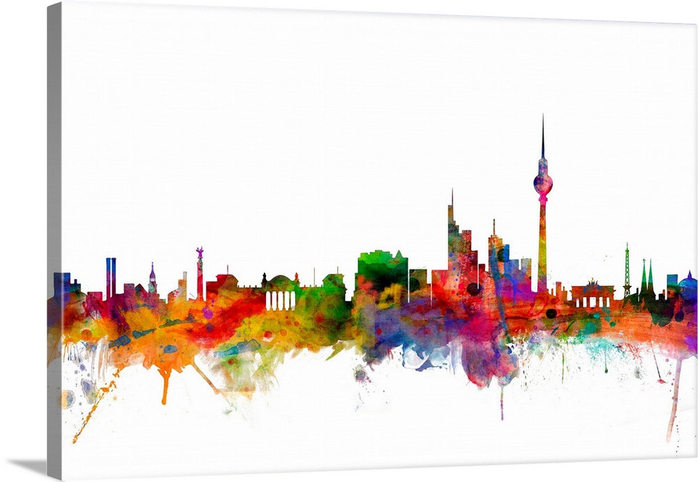 Watercolor artwork of the Berlin skyline against a white background.