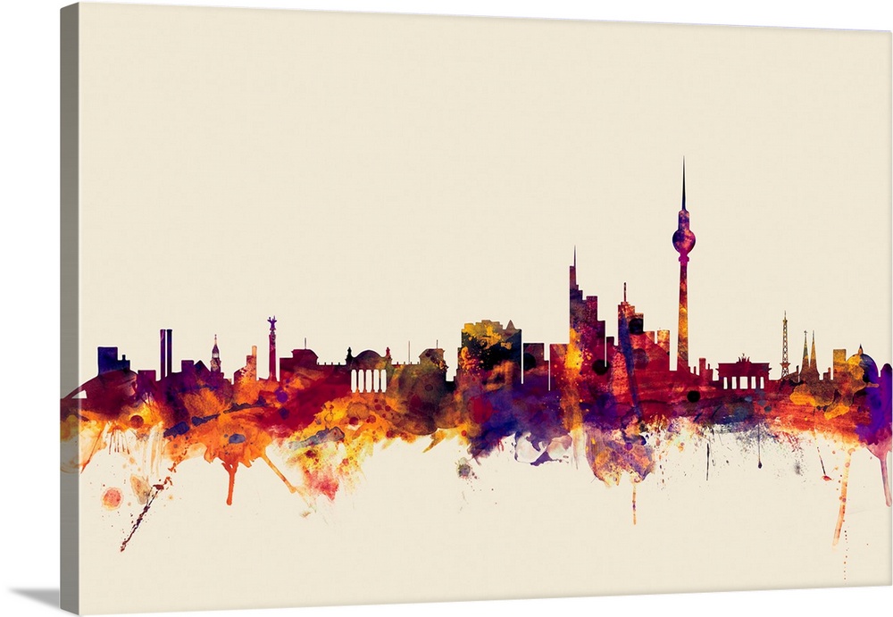 Watercolor artwork of the Berlin skyline against a beige background.