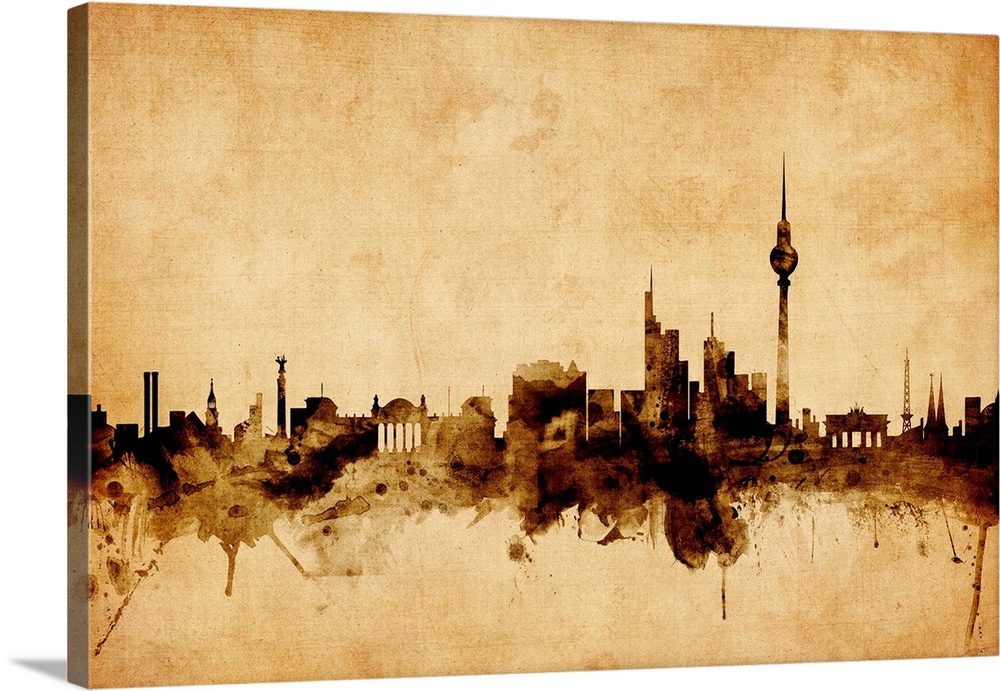 Contemporary artwork of the Berlin city skyline in a vintage distressed look.