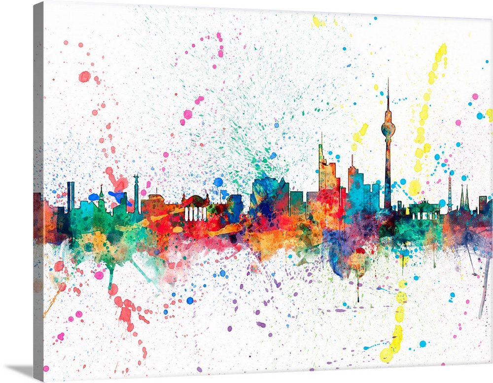 Wild and vibrant paint splatter silhouette of the Berlin skyline.