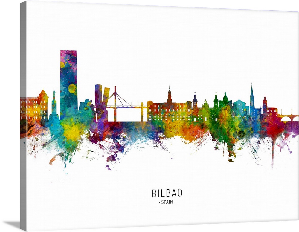 Watercolor art print of the skyline of Bilbao, Spain