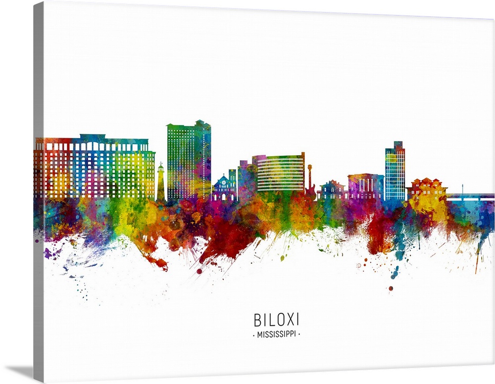 Watercolor art print of the skyline of Biloxi, Mississippi, United States