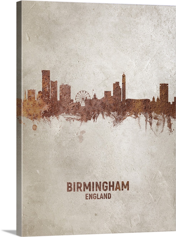 Art print of the skyline of Birmingham, England, United Kingdom. Rust on concrete.