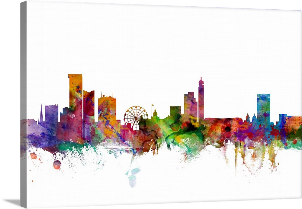 Contemporary piece of artwork of the Birmingham, England skyline made of colorful paint splashes.
