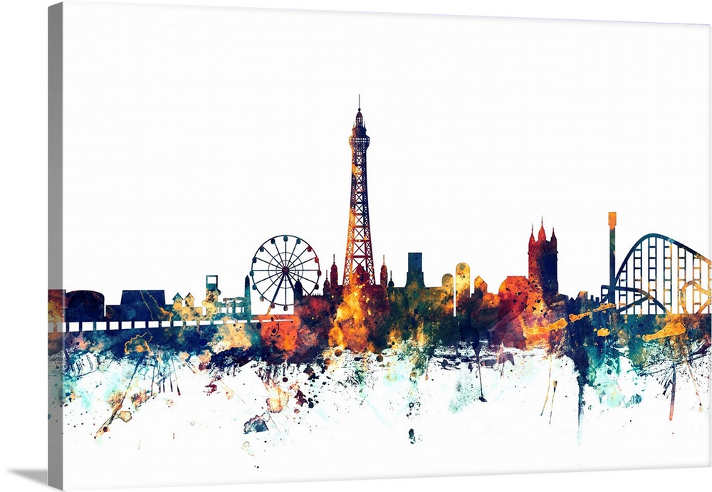 Dark watercolor silhouette of the Blackpool city skyline against a light blue background.