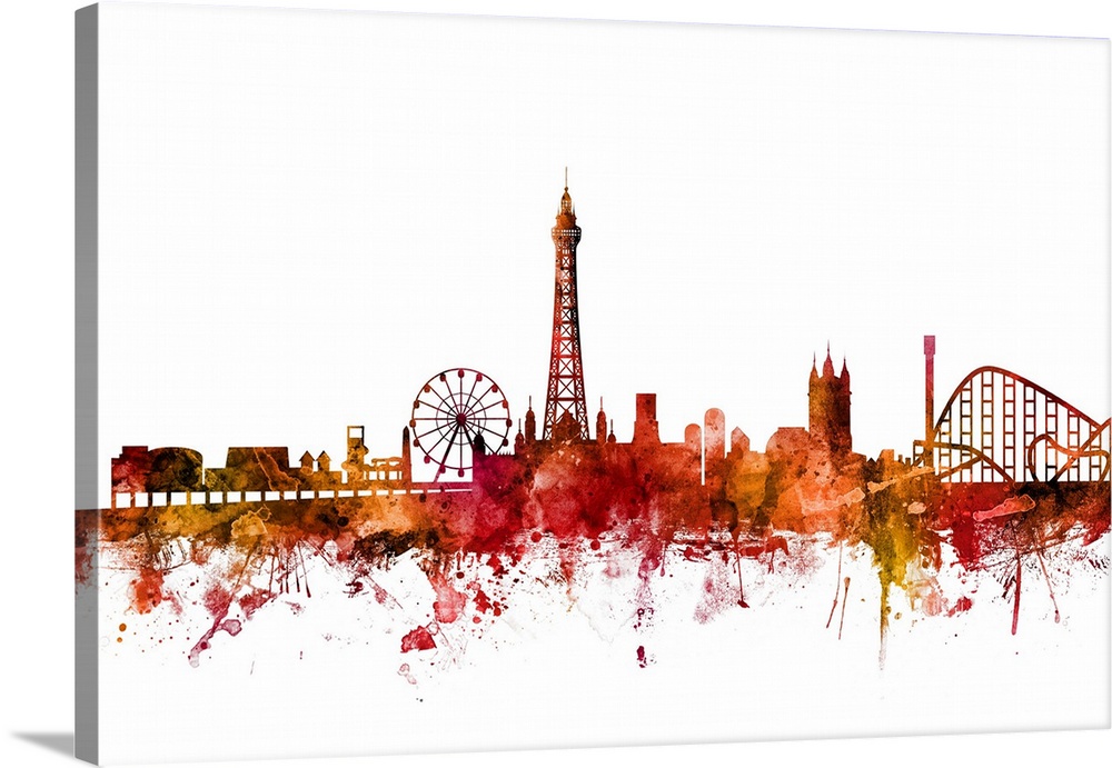 Watercolor art print of the skyline of Blackpool, England, United Kingdom.