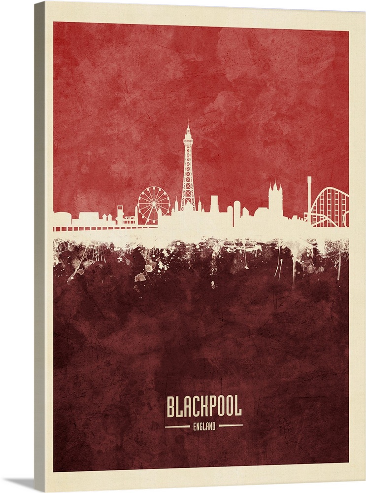 Watercolor art print of the skyline of Blackpool, England, United Kingdom