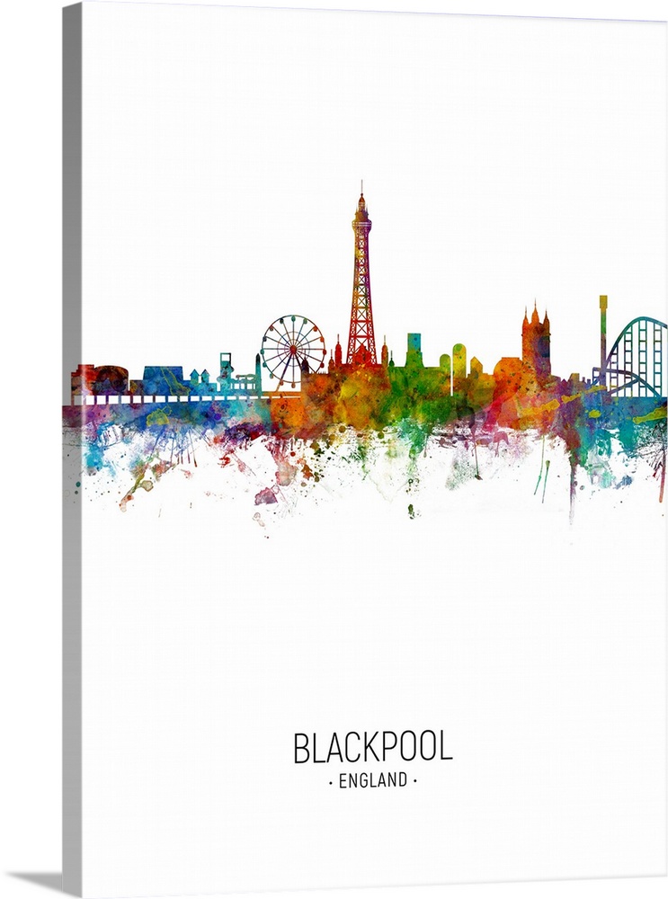 Watercolor art print of the skyline of Blackpool, England, United Kingdom