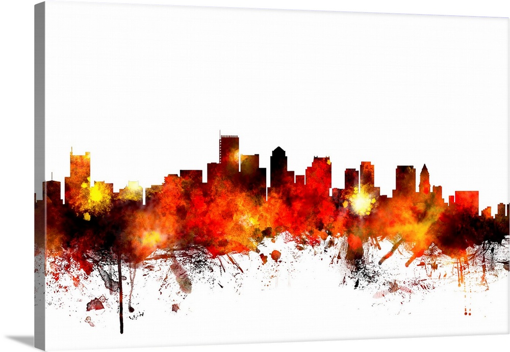 Contemporary piece of artwork of the Boston skyline made of colorful paint splashes.