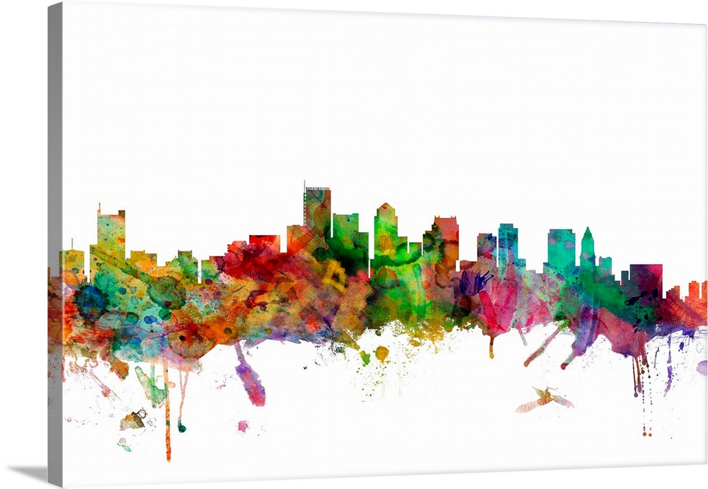 Watercolor artwork of the Boston skyline against a white background.