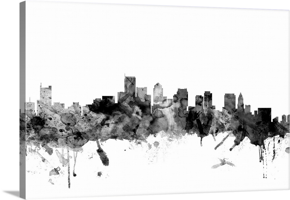 Contemporary artwork of the Boston city skyline in black watercolor paint splashes.