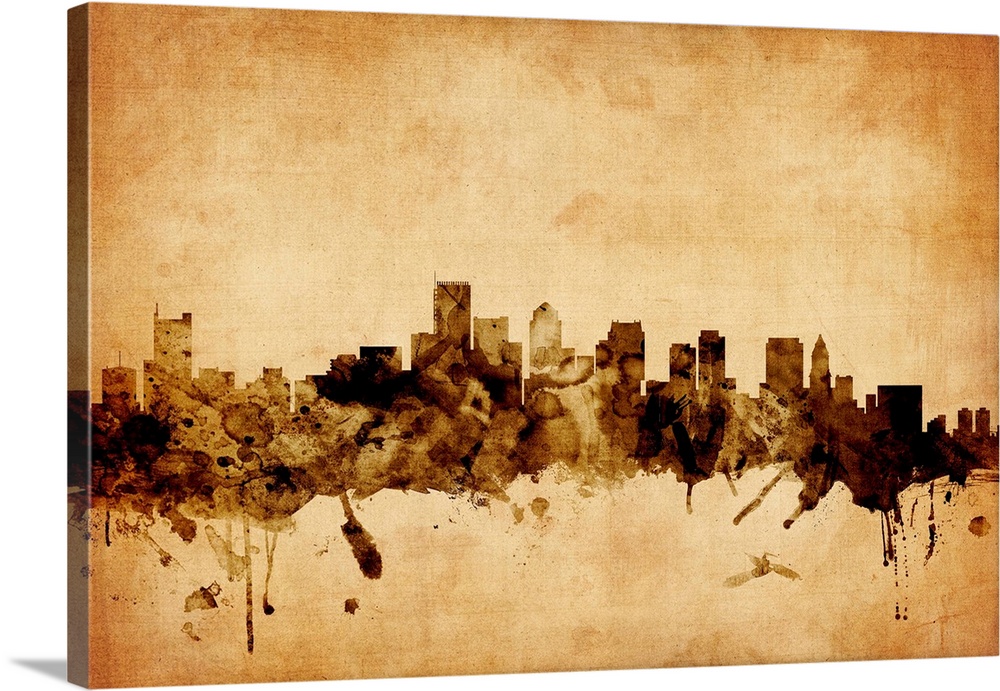 Contemporary artwork of the Boston city skyline in a vintage distressed look.