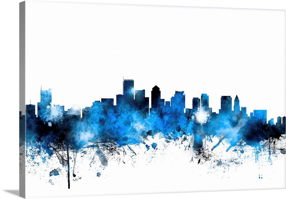 Blue watercolor silhouette of the Boston city skyline.