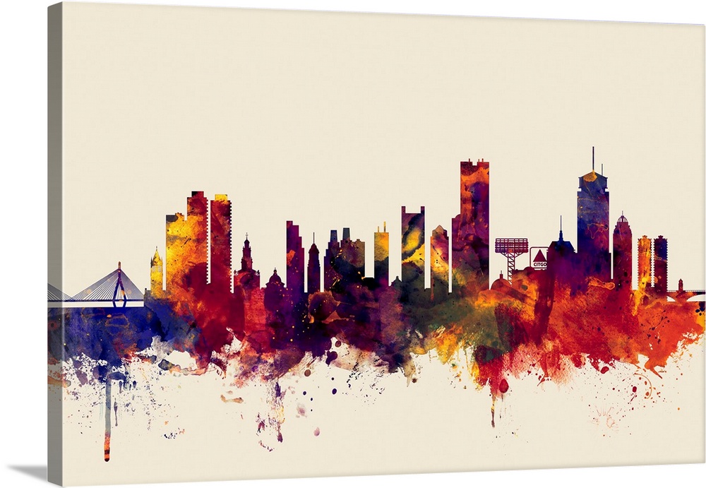 Watercolor art print of the skyline of Boston, Massachusetts, United States.