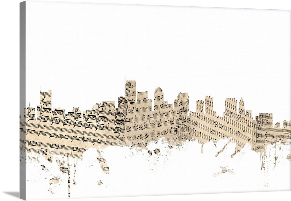 Seattle skyline made of sheet music against a white background.