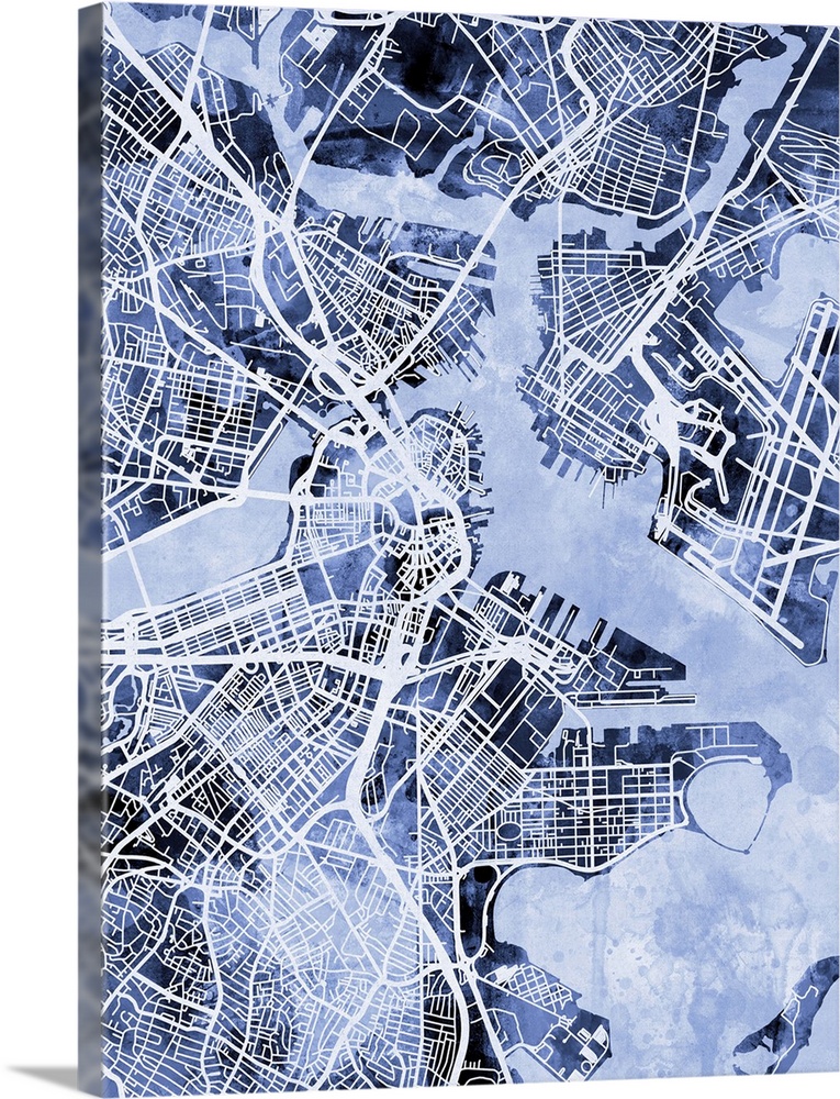 Contemporary watercolor city street map of Boston.
