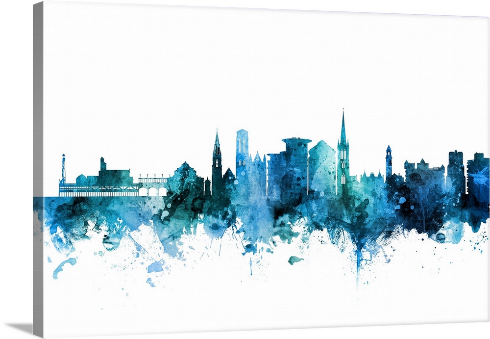 Watercolor art print of the skyline of Bournemouth, England, United Kingdom.