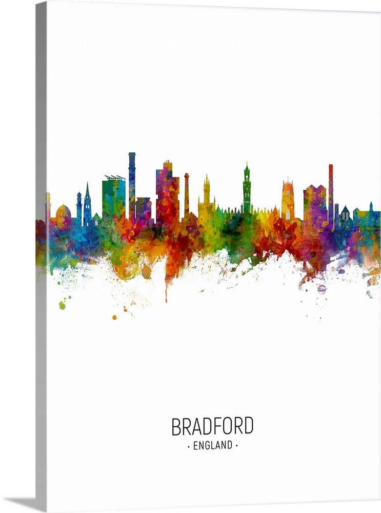 Watercolor art print of the skyline of Bradford, England, United Kingdom