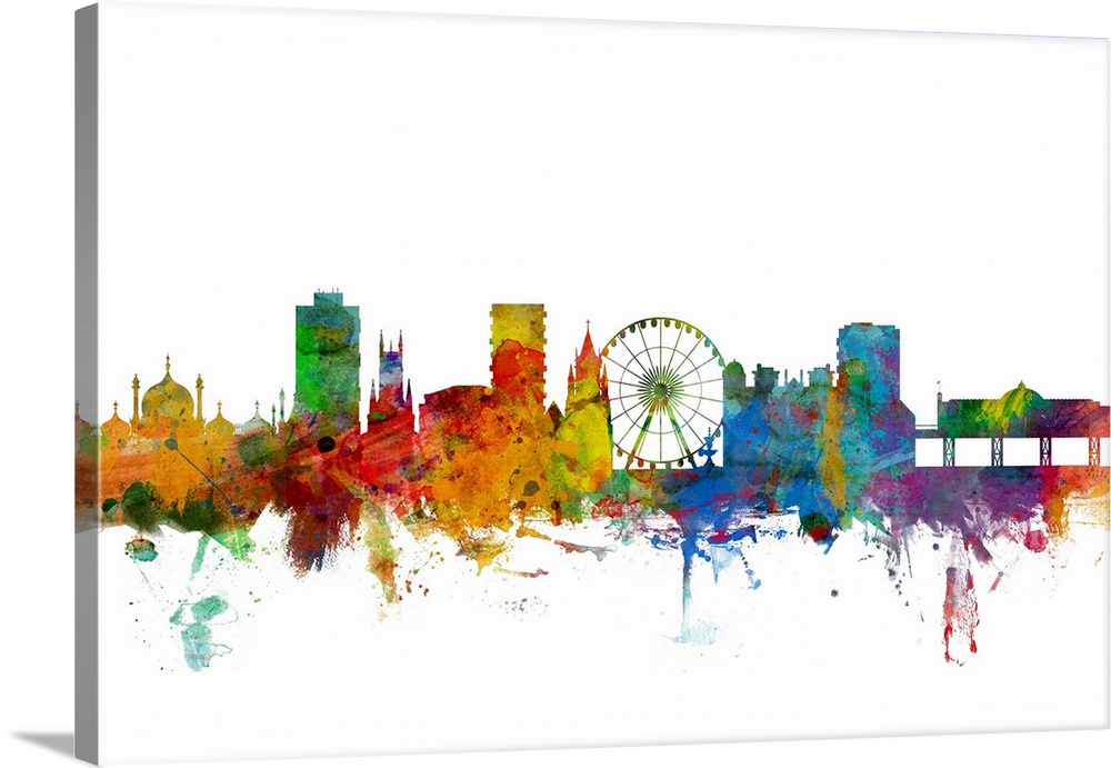 Contemporary piece of artwork of the Brighton skyline made of colorful paint splashes.
