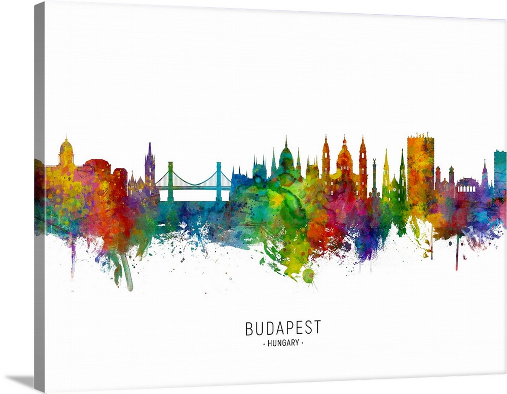 Watercolor art print of the skyline of Budapest, Hungary .