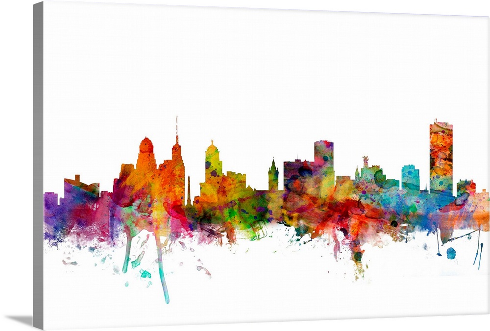 Watercolor artwork of the Buffalo skyline against a white background.