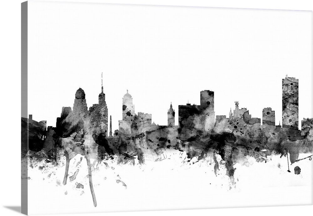 Contemporary artwork of the Buffalo city skyline in black watercolor paint splashes.