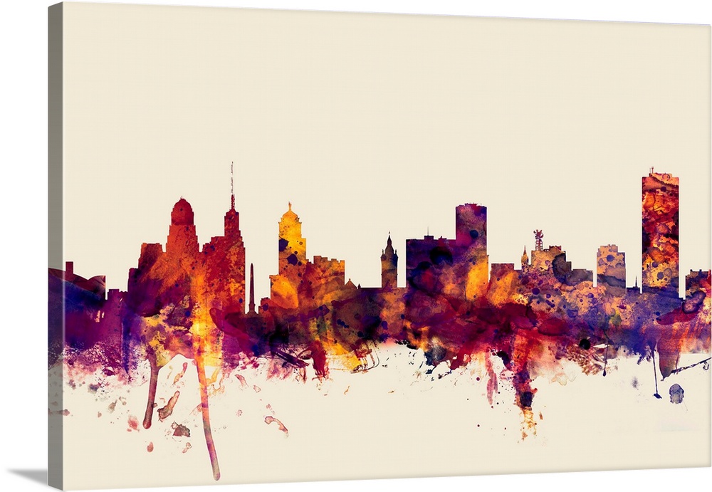Contemporary artwork of the Buffalo city skyline in watercolor paint splashes.