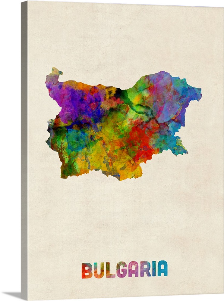 A watercolor map of Bulgaria.