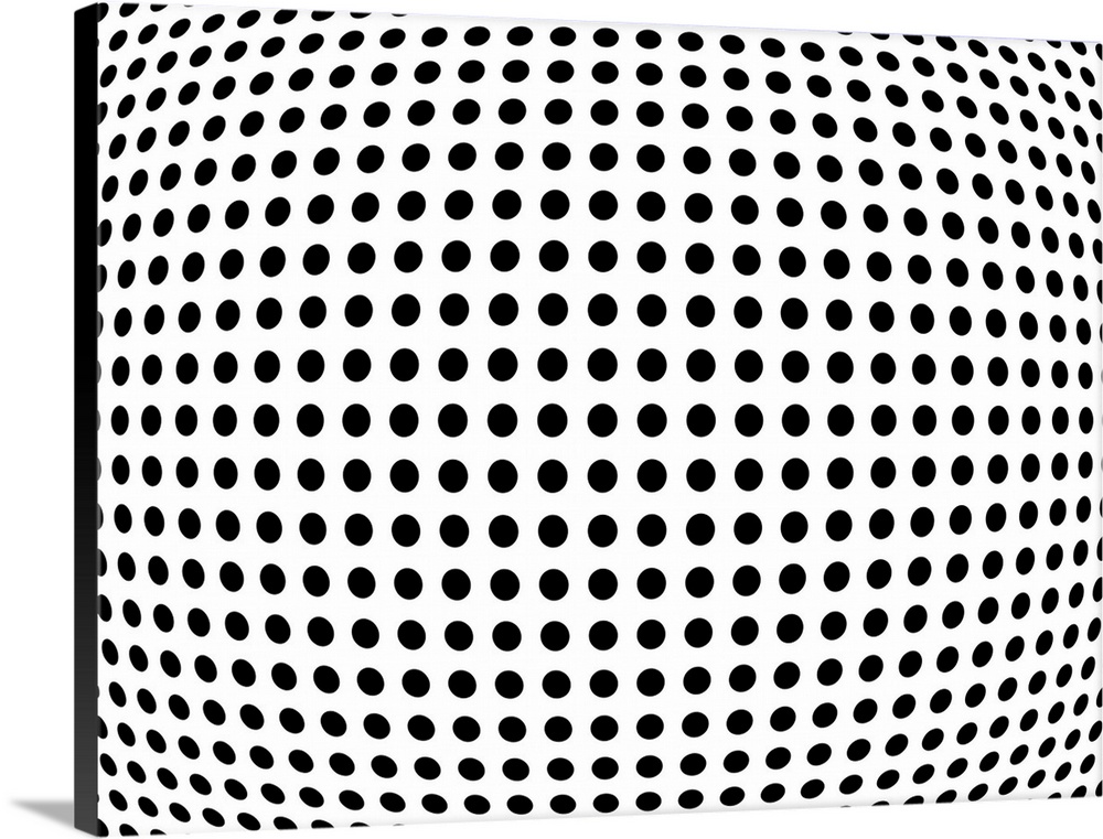 Black dots on a white background, Op Art Print. The change in size and shape of the circles gives the appearance of the pr...