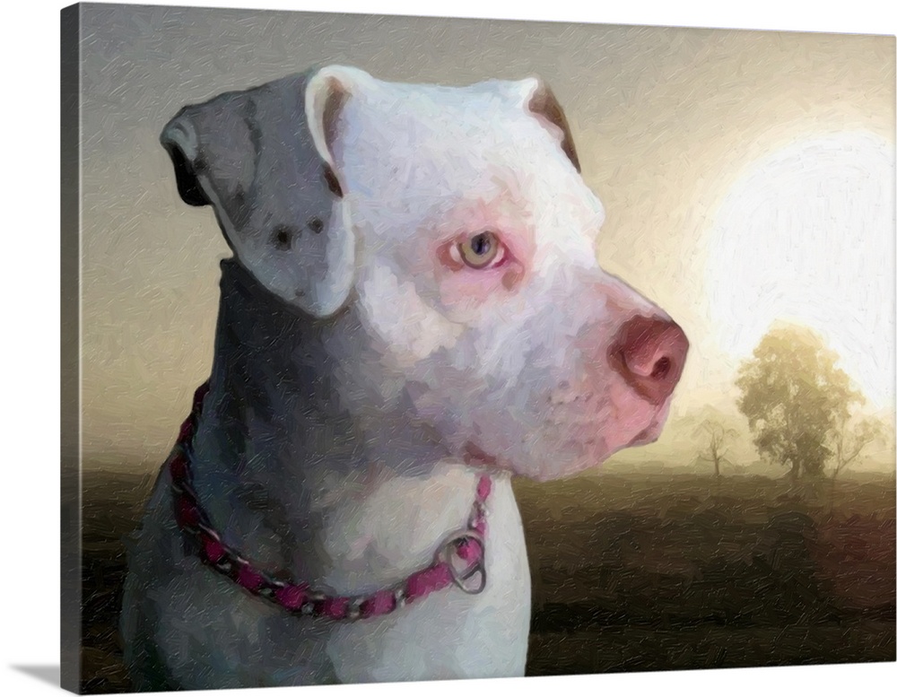 Bull Terrier against dawn landscape oil painting
