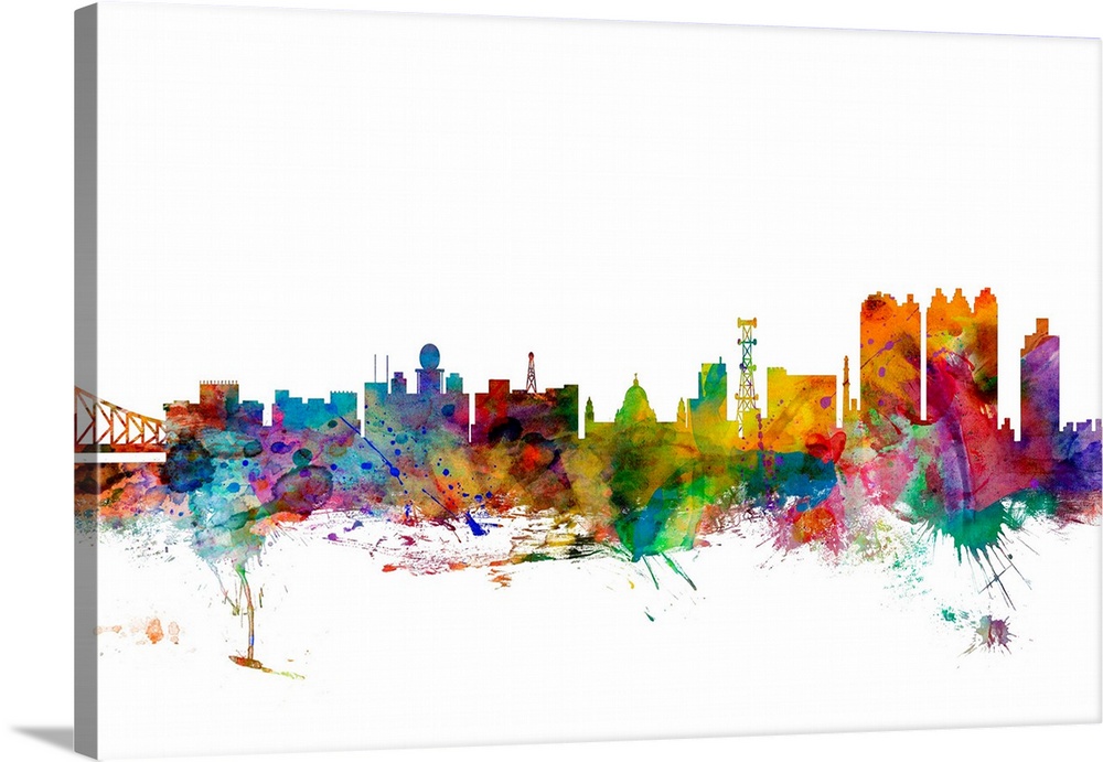 Watercolor artwork of the Calcutta skyline against a white background.