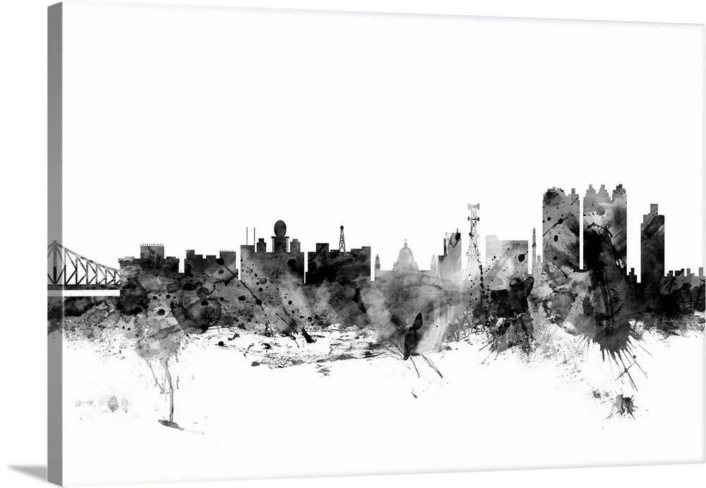 Contemporary artwork of the Calcutta city skyline in black watercolor paint splashes.